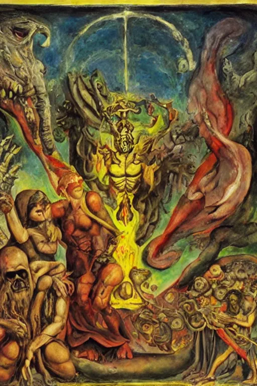 Image similar to surreal the temptation of st anthony, in a post apocalyptic hellscape, esoteric symbolism, intense emotional power, red yellow black, palette knife oil painting by peter booth, josh kirby and william blake