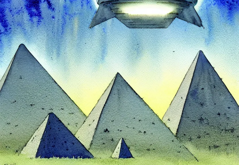 Image similar to a simple watercolor fantasy concept art of several large white pyramids with a dark grey boxy ufo from independence day ( 1 9 9 6 ) next to a palm tree at night with white pyramids in the background. by studio ghibli, rebecca guay, michael kaluta, charles vess