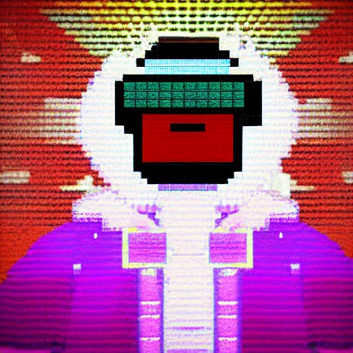 Image similar to 8 - bit pixelated clown becoming enlightened while wearing a virtual reality headset, cyberpunk style