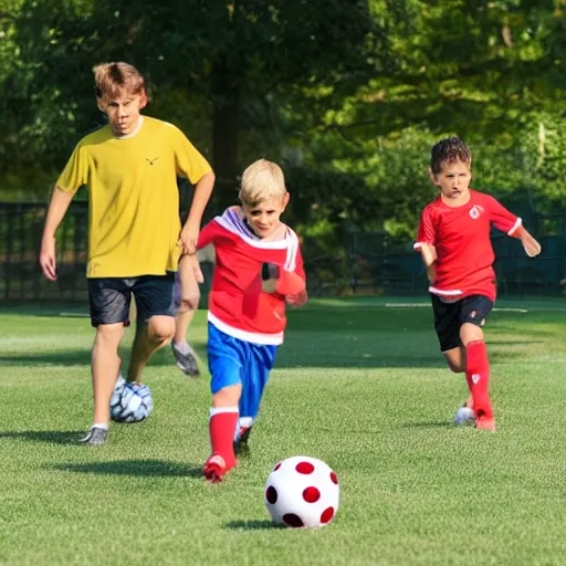 Image similar to boys playing soccer, hot day, parents watching