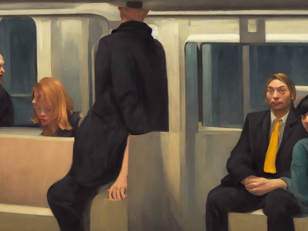 Image similar to an oil painting by Edward Hopper, 3/4 low angle view wide shot of two people sitting in an empty Chicago subway train, in front of windows: a sad Aubrey Plaza in a parka and a friendly Mads Mikkelsen in a suit