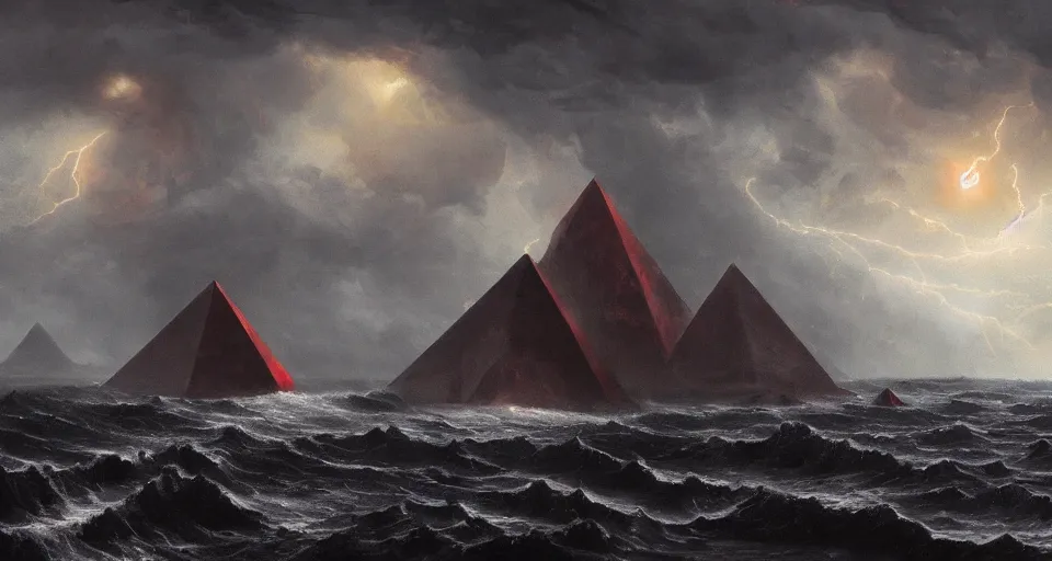 Prompt: black lovecraftian eldritch!! obsidian pyramid!! on a snowy island surrounded by raging stormy seas by eugene von guerard, ivan shishkin, night, red lightning!!, storm, dramatic lighting, concept art, trending on artstation, 8 k