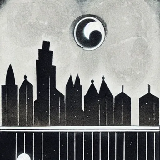 Image similar to “raven in-front of an city under the moon, art deco, 1950’s, glowing highlights, dramatic”