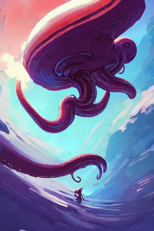 Prompt: alien cephalopod with a single large eye ascending into heaven behance hd artstation by jesper ejsing, by rhads, makoto shinkai and lois van baarle, ilya kuvshinov, rossdraws, celshade and by feng zhu and loish and laurie greasley, victo ngai, andreas rocha