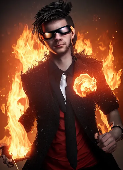 Image similar to An epic fantasy comic book style portrait painting of young man with red spiked long hair, using googles. Wearing a black waistcoat, white shirt. Fire on his hands. Unreal 5, DAZ, hyperrealistic, octane render, cosplay, RPG portrait, dynamic lighting