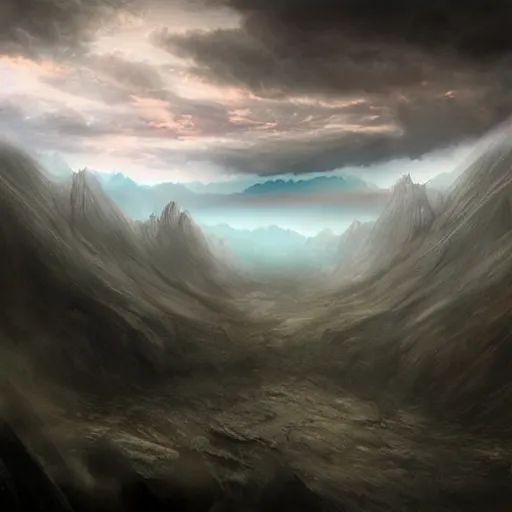 Image similar to a dark cloudy !!hand!! in a valley reaching out of the sky trying to touch the ground, matte painting, fantasy art