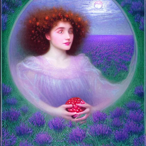 Prompt: a girl with three eyes on 5 translucent luminous spheres, full of floral and berry fillings, in an ocean of lavender color by edward robert hughes, henry justice ford