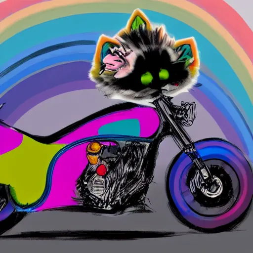 Image similar to wide angle full body, jacket wearing fluffy cute rainbow kitten wearing a black leather motorcycle jacket, riding on a motorcycle, cinematic concept art