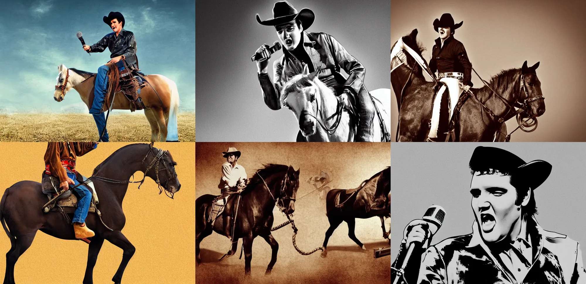 Prompt: cinematic shot of Elvis Presley riding a horse, wearing a cowboy hat and singing into a microphone, digital art