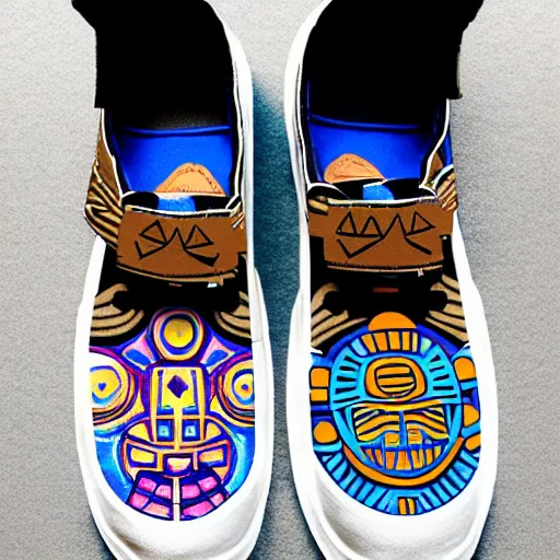 Image similar to sneaker design designed by studio ghibli, aztec mayan street fashion native punk sneaker design, majora's mask, wearing wooden mask, hip hop sneaker design with subtle mayan patterns, gapmoe yandere grimdark, trending on pixiv fanbox, painted by greg rutkowski makoto shinkai takashi takeuchi studio ghibli, akihiko yoshida