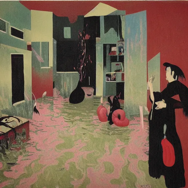 Image similar to tall female emo artists in their flooded apartment, rotenburo, painting of flood waters inside an artist's home, a river flooding indoors, pomegranates, pigs, ikebana, zen, water, octopus, river, rapids, waterfall, black swans, canoe, berries, acrylic on canvas, surrealist, by magritte and monet