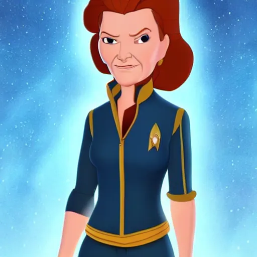 Prompt: captain janeway from star trek voyager in an animated disney movie. beautiful 2 d character art, high quality, detailed face