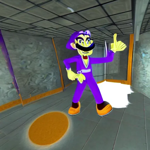 Image similar to waluigi in half life 1, screenshot from half life 1