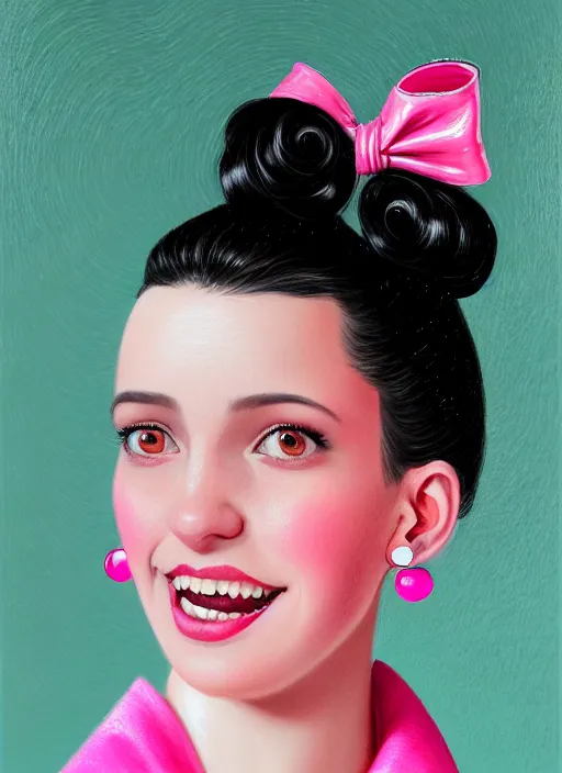 Image similar to portrait of high school girl, realistic, black hair, bangs, half updo hairstyle, pointy nose, skinny, smile, ugly, defined jawline, big chin, pink hair bow, earrings, intricate, elegant, glowing lights, highly detailed, digital painting, artstation, sharp focus, illustration, art by wlop, mars ravelo and greg rutkowski