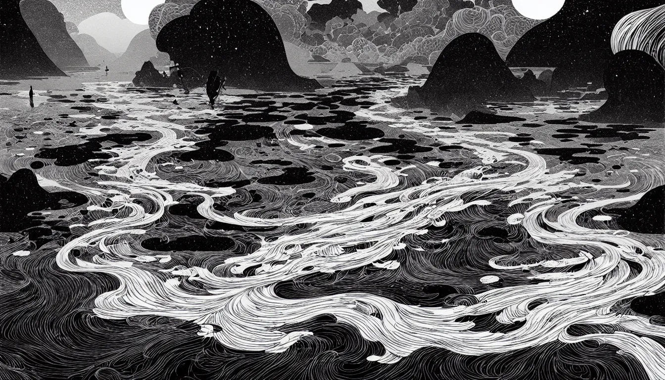 Image similar to flowing river by nicolas delort, moebius, victo ngai, josan gonzalez, kilian eng