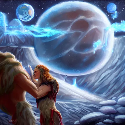 Prompt: hank hill kissing an ice giant, fantasy concept art, intricate detail