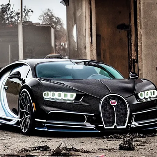 Image similar to an abandoned bugatti chiron in a post - apocalyptic city