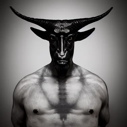 Image similar to a realistic portrait of baphomet, studio photography,