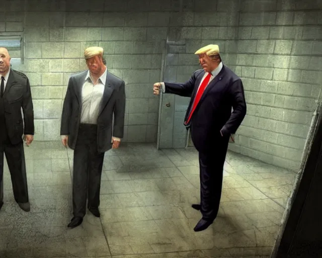 Prompt: Alex Jones and Donald Trump standing in a jail cell, craig mullins, octane