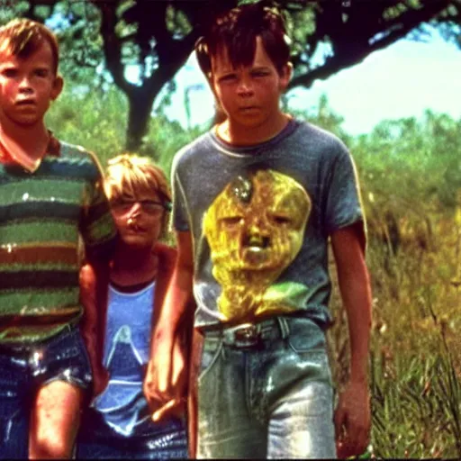 Image similar to a still of from the movie stand by me crossover with the movie the toxic avenger