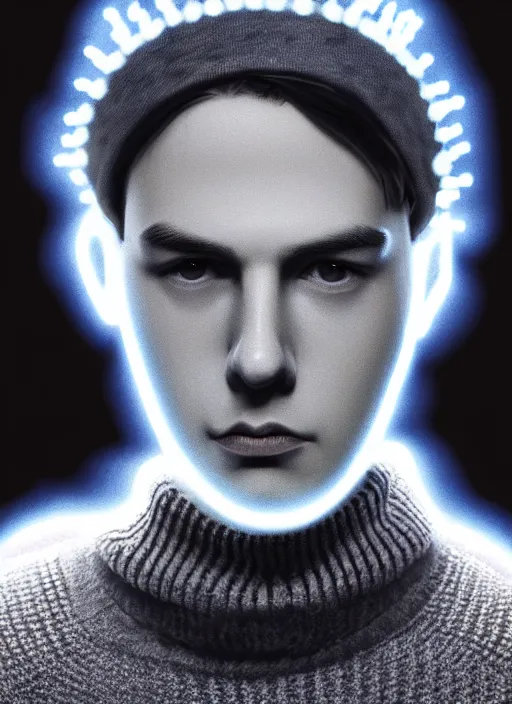 Image similar to portrait of teenage jughead jones wearing a light grey crown, crown, blue turtleneck, 1 9 5 0 s, closed eyes, photorealistic, black hair, glowing lighting, intricate, elegant, glowing lights, highly detailed, digital painting, artstation, concept art, smooth, sharp focus, illustration, art by wlop, mars ravelo and greg rutkowski