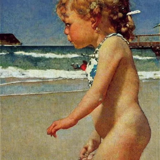 Prompt: “young girl at the beach by Norman Rockwell”