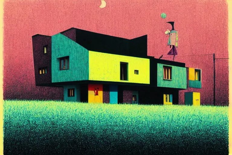 Image similar to surreal glimpse into other universe, house by bauhaus architect, summer morning, very coherent and colorful high contrast, art by!!!! gediminas pranckevicius!!!!, geof darrow, floralpunk screen printing woodblock, dark shadows, hard lighting, stipple brush technique,