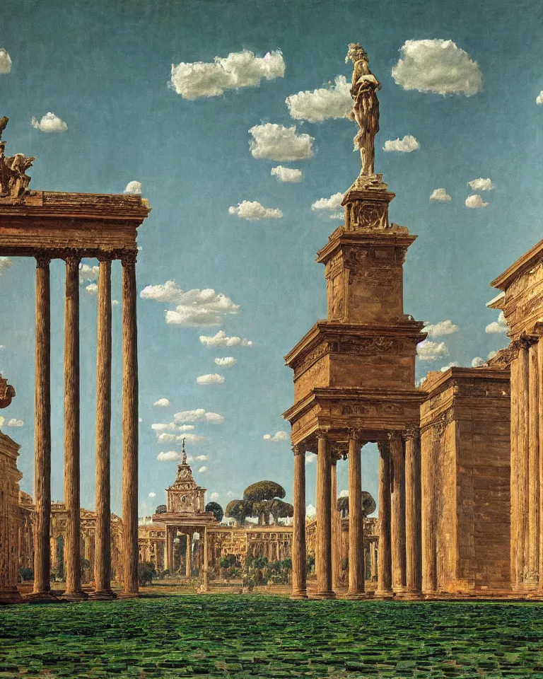 Image similar to achingly beautiful painting of intricate ancient victor emmanuel ii roma on jade background by rene magritte, monet, and turner. giovanni battista piranesi. giuseppe sacconi, ettore ferrari, manfredo manfredi, gaetano koch, pio piacentini