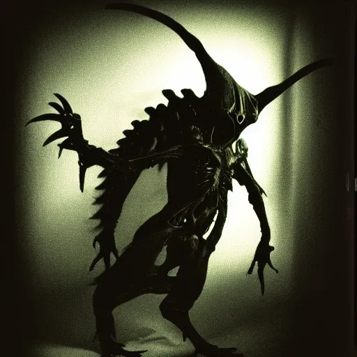 Image similar to a dark artistic photo of an alien creature with crazy wings, a polaroid photo