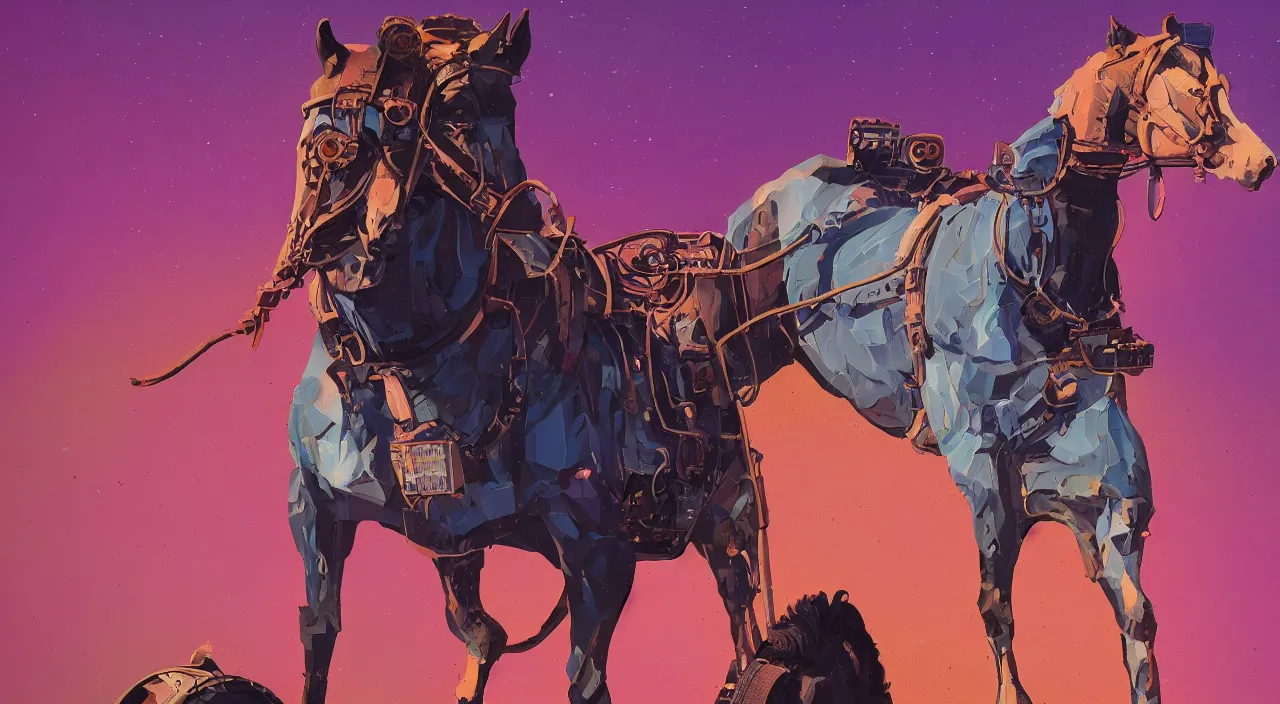 Image similar to a graph style gauche impasto, the horse is not mine, steampunk, art by james gilleard, cgsociety, retrofuturism, retrowave, outrun, hyper realistic.