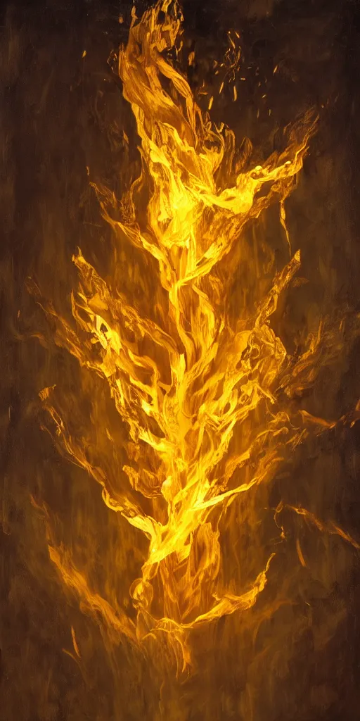 Image similar to a surreal painting of a made of golden fire, volumetric lighting