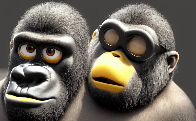 Image similar to gorilla as gru ( despicable me ), hyperrealistic, concept art, octane render, unreal engine 5, trending on artstation, high quality, highly detailed, 8 k hdr, product photo, centered, minions background, soft lighting, path traced, low contrast, high coherence, symmetrical