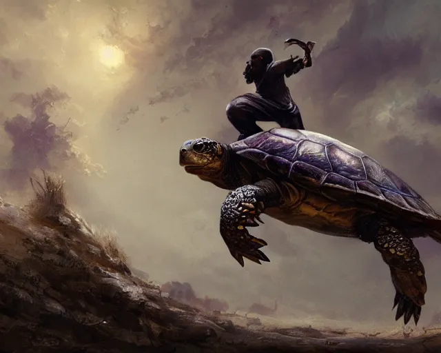 Image similar to kobe bryant riding on a turtle in heaven, fantasy art, in the style of greg rutkowski, illustration, epic art, fantasy, intricate, elgant, amazing detail, digital painting, artstation, concept art, smooth, sharp focus