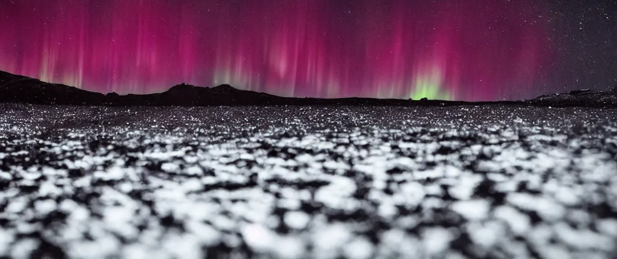 Image similar to an ground level extreme closeup movie like 3 5 mm film depth of field photograph a puddle of dark red wine under the northern lights in antarctica at night, in the style of macro photography, in the style of a 1 9 8 0 s horror film