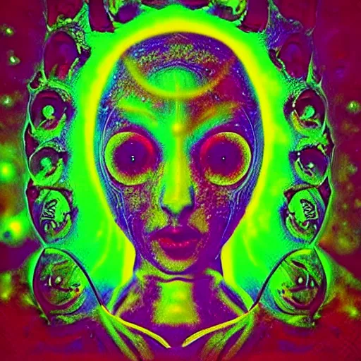 Image similar to “photo of a beautiful extraterrestrial woman goddess, psychedelic, dmt, lsd, epiphany, fractals, alien forms, organic, acidic, acid, 8k”