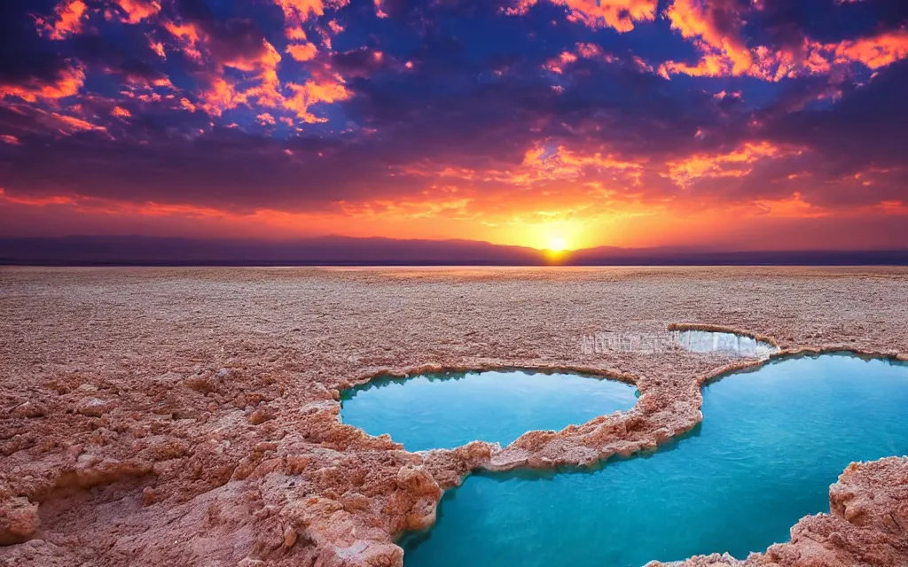 Prompt: the dead sea, beautiful sunset with colorful clouds, rays of sunshine, low angle, professional photo