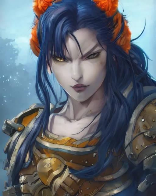 Image similar to An anime portrait of a beautiful D&D half-orc female with long wavy dark blue hair, bright orange eyes, intricate full body armour, fantasy soldier, by Stanley Artgerm Lau, WLOP, Rossdraws, James Jean, Andrei Riabovitchev, Marc Simonetti, and Sakimichan, highly detailed, ultra detailed, golden hour, trending on artstation, cgstudio