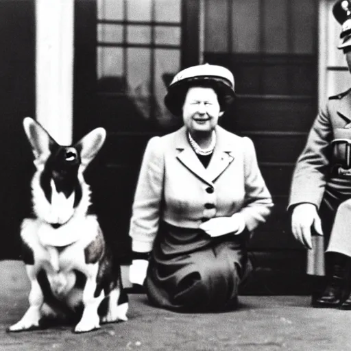 Image similar to ultra wide 1 9 4 6 blurry historical photo of a single german general kneeling, a young queen elizabeth and her brown and white corgi watch him, french village exterior, highly detailed, sharp focus