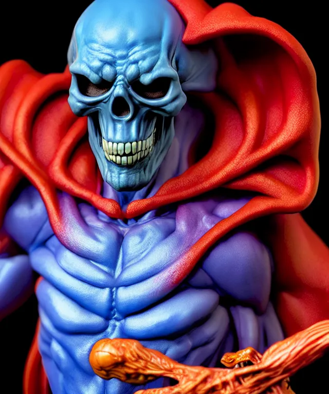 Image similar to hyperrealistic rendering, skeletor, by art of skinner and richard corben and jeff easley, product photography, action figure, sofubi, studio lighting, colored gels