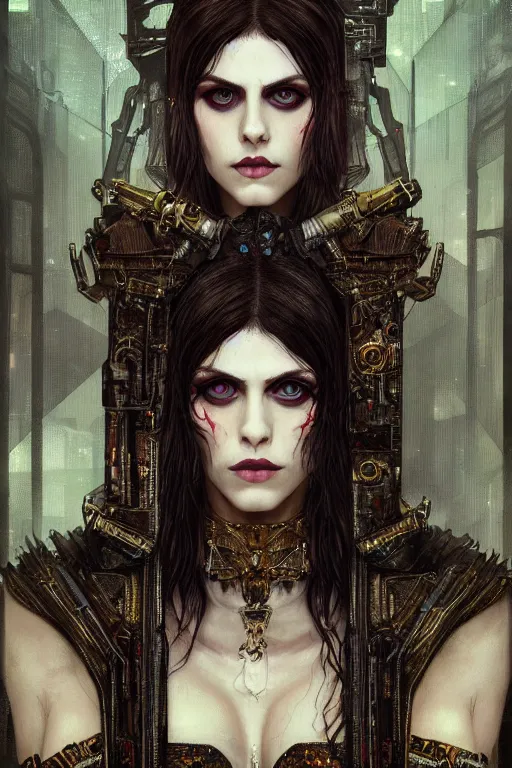 Image similar to portrait of beautiful gothic Alexandra Daddario, cyberpunk, Warhammer, highly detailed, artstation, illustration, art by Gustav Klimt