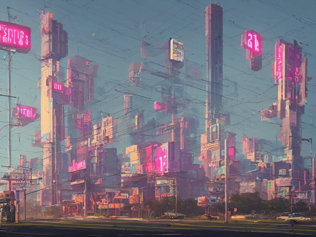 Prompt: tall futuristic buildings, billboards and neonsigns by Yusei Uesugi and Simon Stålenhag