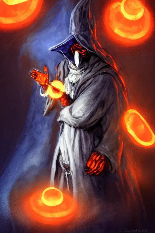 Image similar to a sketch of a plague doctor with a white plague mask and a blue wizard robe casting a orange light spell using his right hand, as a d & d character, blue robe, magical, blue and orange highlights, hip hop aesthetic, concept sheet, painting by gaston bussiere, demon slayer, akiri toriyama, dramatic lighting, professional digital art, anime