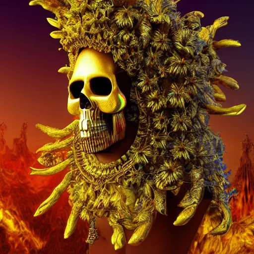 Prompt: a golden skull face african electric shaman with an afro made of flowers, third eye art art by machina infinitum, complexity from simplicity, rendered in octane, mandelbulb 3 d, ambient occlusion, macro photography, tribal, retrowave