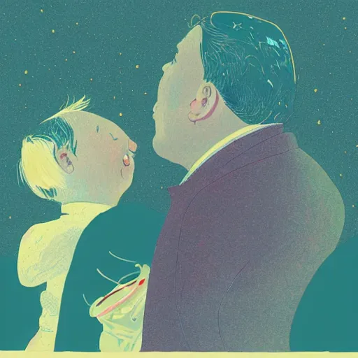 Image similar to a son imitate his father, joyful, illustration by victo ngai