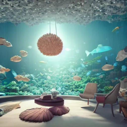 Image similar to the realistic photo of the modern fashionable room as aquarium with a chandelier as a big jellyfish, beautiful corals on the walls and dangerous sharks on the big panoramic window, a lot of gleans, under the ocean, realistic colors, realistic shadows, daylight made in blender and cinema 4 d, hd, 3 d by beeple and by greg rutkowski