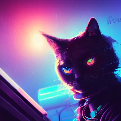 Image similar to detailed portrait of a cat, synthwave, retrowave, cyberpunk, illustration by Jordan Grimmer and Greg Rutkowski, trending on Artstation