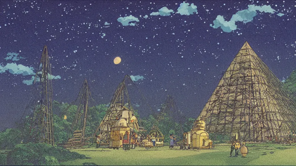 Prompt: a movie still from a studio ghibli film showing an industrial mining runoff storage facility, and a pyramid under construction, in the rainforest on a misty and starry night. by studio ghibli