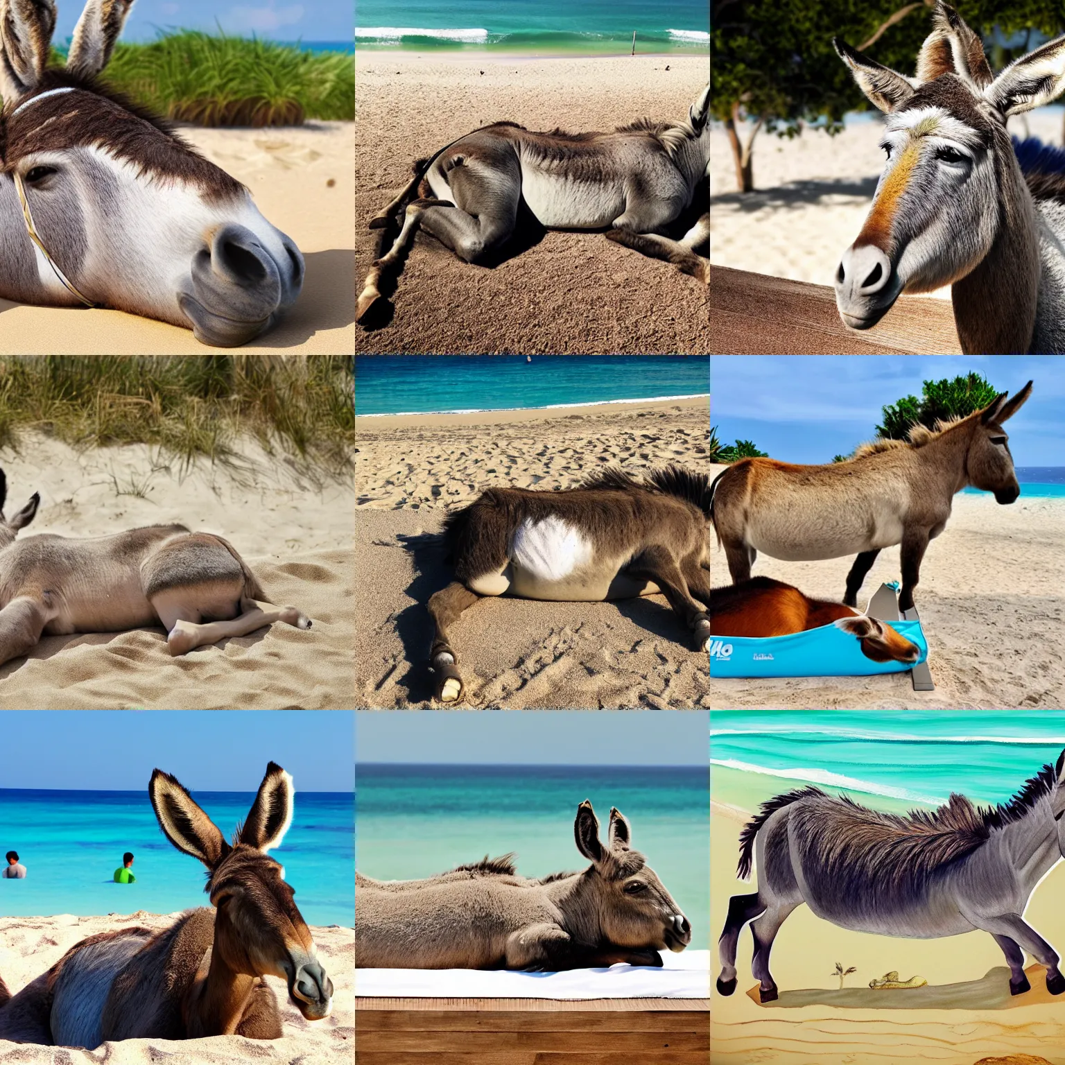 Image similar to A donkey lying on a sunbed near the beach, photorealistic