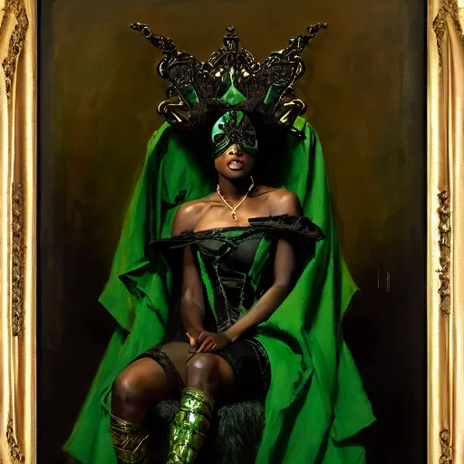 Prompt: full body portrait of black skinned, masked queen in green and black gothic robes sitting on a throne of cats, elegant, highly detailed painting by gaston bussiere, craig mullins, j. c. leyendecker, 8 k, mid shot