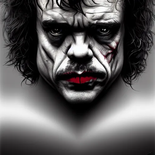 Image similar to peter dinklage as the joker, digital painting, extremely detailed, 4 k, intricate, brush strokes, mark arian, artgerm, bastien lecouffe - deharme